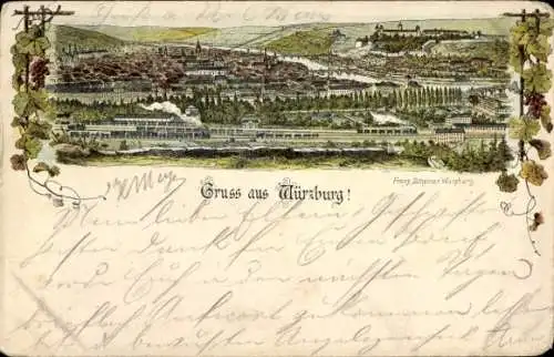Ak Würzburg am Main Unterfranken, Hügelige Landschaft, Stadtansicht, Eisenbahn