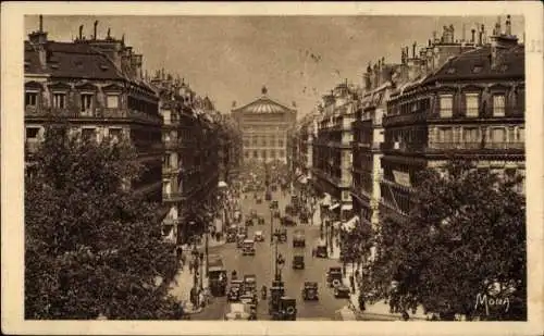 Ak Paris IX Opéra, Avenue de l'Opéra, im Hintergrund die Oper, belebte Straße, alte Autos