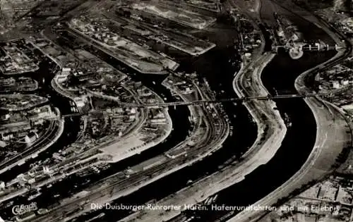 Ak Homberg Ruhrort Duisburg im Ruhrgebiet, Luftaufnahme des Duisburger Ruhrorter Hafens, Hafenrun