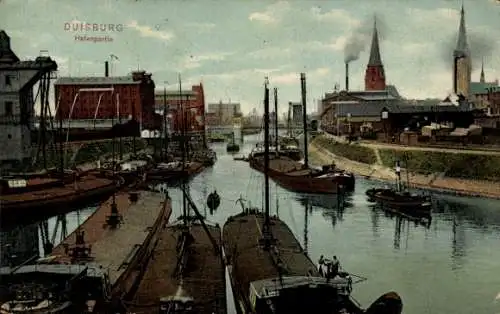 Ak Duisburg, Hafenpartie, Schiffe, Kirche, Fluss