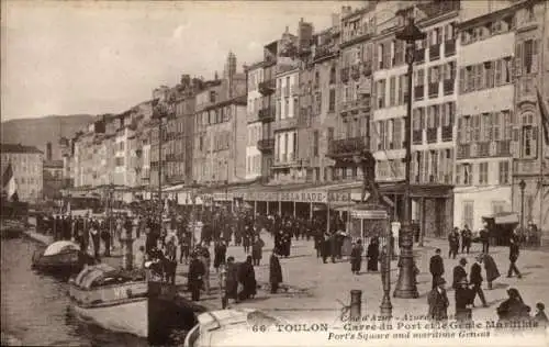 Ak Toulon Var, Uferpromenade, alte Gebäude, zahlreiche Menschen, Hafen, schwarz-weiß
