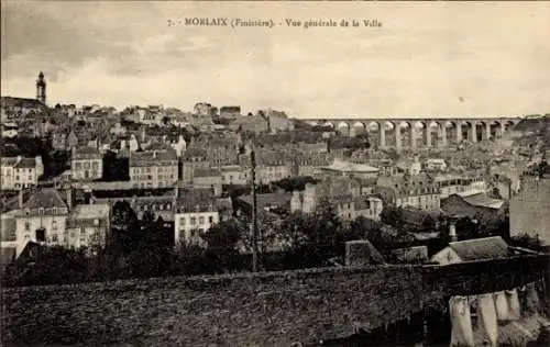 Ak Morlaix Finistère, Aussicht auf die Stadt, Viadukt, Häuser, Turm
