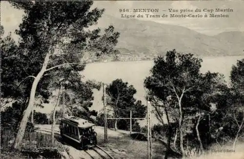 Ak Menton Alpes Maritimes,  Tramlinie Monte-Carlo, Blick vom Cap Martin,  Ansicht