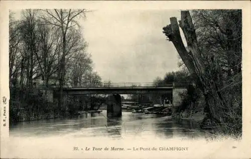 Ak Champigny sur Marne Val de Marne, Brücke, Flussansicht, Bäume, clara Architektur