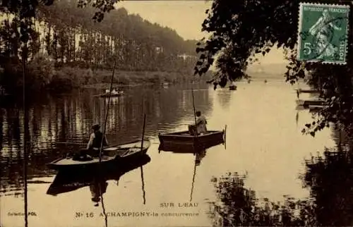 Ak Champigny sur Marne Val de Marne, Two boats on the water, serene landscape, French Republic, p