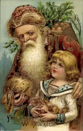 Präge Ak Frohe Weihnachten, Weihnachtsmann, Geschenke, Kind