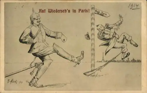Künstler Ak Karikatur, Auf Wiederseh'n in Paris, I. WK