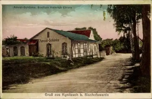 Ak Kynitzsch Bischofswerda, Amsel-Schänke, Gebäude, Straße, Natur, Farbige Darstellung