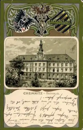 Präge Wappen Passepartout Litho Chemnitz in Sachsen, Rathaus