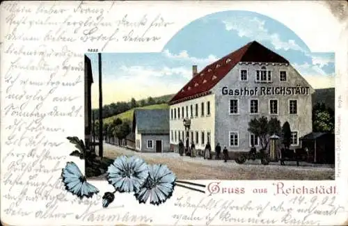 Ak Reichstädt Dippoldiswalde im Erzgebirge, Gasthof  ländliche Szene, Weg, Blumen im Vordergrund