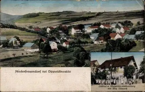 Ak Niederfrauendorf Glashütte im Osterzgebirge, Gesamtansicht, Bäckerei und Geschäft Max Ullmann