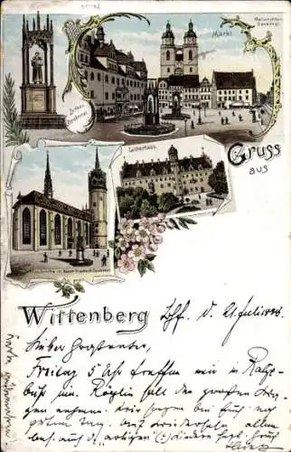 Litho Lutherstadt Wittenberg, Lutherdenkmal, Markt, Lutherhaus, Schlosskirche