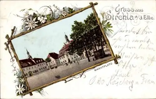 Passepartout Ak Strehla in Sachsen, Partie am Marktplatz