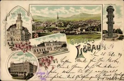 Litho Löbau in Sachsen, Rathaus, Bahnhof, Bürgerschule, Panorama, Eiserner Turm