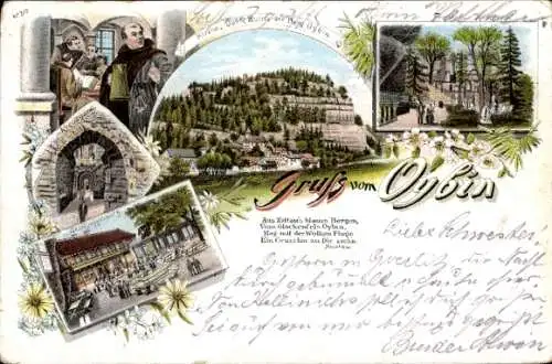 Litho Oybin in Sachsen, Kirche, Dorf, Ruine, Berg Oybin