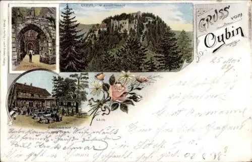 Litho Oybin in Sachsen, Kreuzgang, Gasthaus, Schuppenberg
