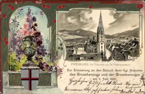 Präge Passepartout Litho Freiburg im Breisgau, Münster, Besuch Großherzogspaar 1902