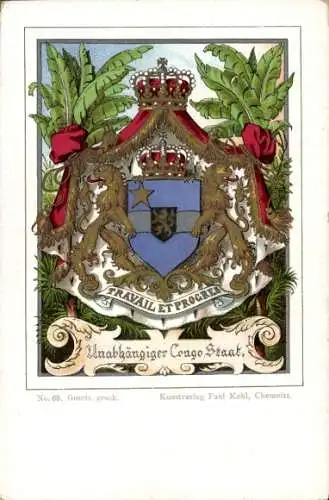 Wappen Litho Unabhängiger Congo Staat, Kongo, Zaire, Krone, Löwen, Paul Kohl Chemnitz No. 66