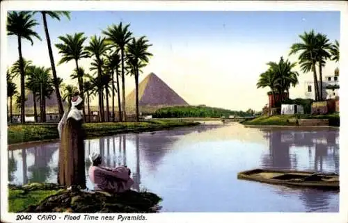 Ak Cairo Kairo Ägypten, Hochwasser in der Nähe der Pyramiden, Palmen