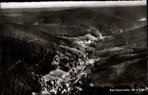 Ak Bad Rippoldsau Schapbach im Schwarzwald, Luftaufnahme des Schwarzwaldortes, grüne Wälder, Flus