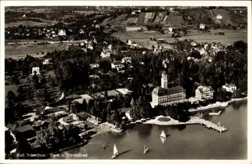 Ak Bad Schachen Lindau am Bodensee Schwaben, Luftaufnahme von  Enzisweiler, See, Segelboote, Grün