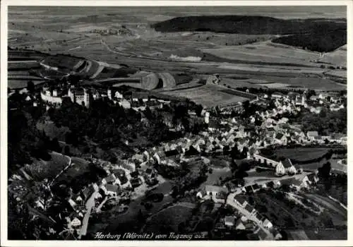 Ak Harburg an der Wörnitz Schwaben, Luftaufnahme von Harburg, Wiesen, Felder, Gebäude, Burgruine