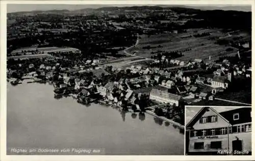 Ak Hagnau am Bodensee, Luftaufnahme von Hagnau, Bodenseeufer, Kaffee Steidle