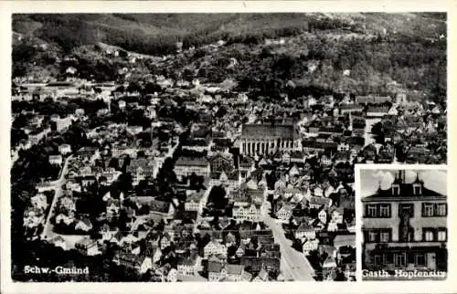 Ak Schwäbisch Gmünd in Württemberg, Luftaufnahme von  Gasthof Hopfensitz, ländliche Landschaft