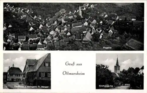 Ak Ottmarsheim Besigheim am Neckar Württemberg, Fliegeraufnahme, Gasthaus Fr. Mezger, Kirche
