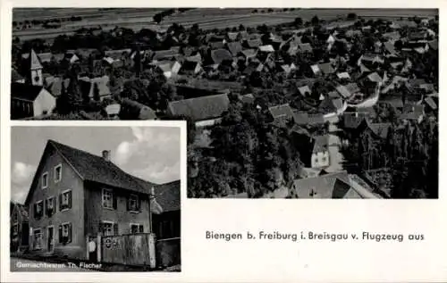 Ak Biengen Bad Krotzingen, Luftaufnahme von Biengen, Wohnhäuser, Gemischtwarenladen Th. Fischer