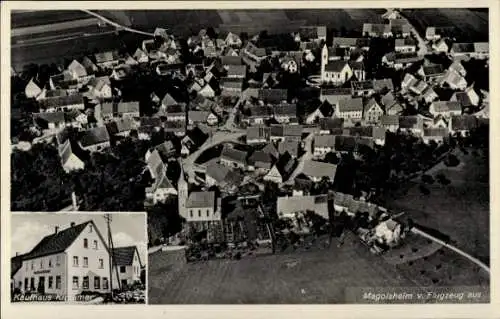 Ak Magolsheim Münsingen in Württemberg, Luftaufnahme von  Kaufhaus Kirsamer im Vordergrund,  Arch