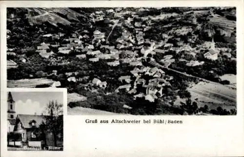 Ak Altschweier Bühl in Baden, Luftaufnahme, Gasthaus zur Blume, Ort mit vielen Häusern