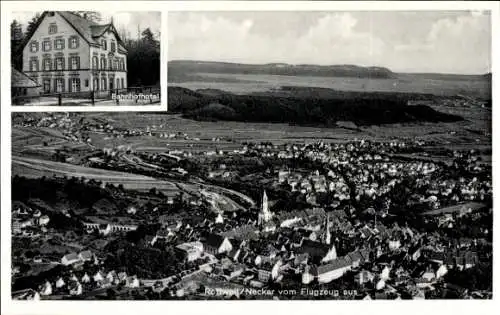 Ak Rottweil am Neckar, Bahnhofhotel, Luftaufnahme Rottweil, Flußlandschaft, Landschaftsaufnahme