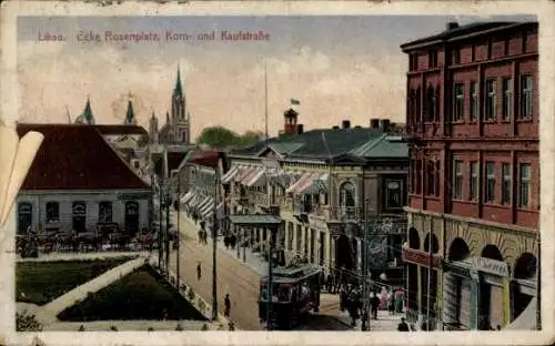 Ak Liepaja Libau Lettland, Ecke Rosenplatz, Kornstraße und Kaufstraße