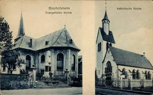 Ak Bischofsheim Mainspitze Hessen, Evangelische Kirche, Katholische Kirche