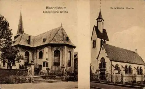 Ak Bischofsheim Mainspitze Hessen, Evangelische Kirche, Katholische Kirche