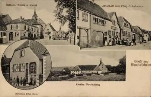 Ak Bischoffsheim Bischofsheim Elsass Bas Rhin, Kloster Bischenberg, Rathaus, Schule, Wirtschaft