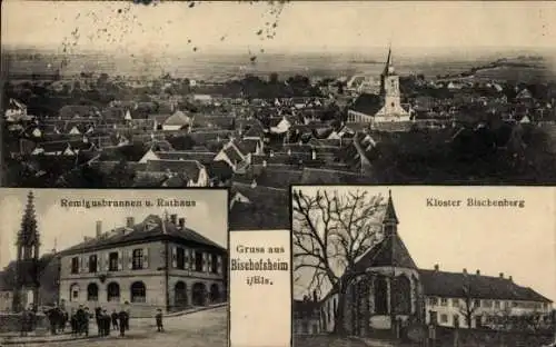 Ak Bischoffsheim Bischofsheim Elsass Bas Rhin, Kloster Bischenberg, Remigusbrunnen, Rathaus