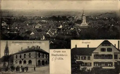 Ak Bischoffsheim Bischofsheim Elsass Bas Rhin, Remigusbrunnen, Rathaus, Hospital