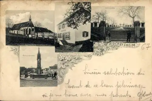 Ak Bischoffsheim Bischofsheim Elsass Bas Rhin, Remigiusbrunnen, Kirche, Wirtschaft