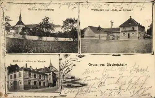 Ak Bischoffsheim Bischofsheim Elsass Bas Rhin, Kloster Bischenberg, Wirtschaft zur Linde, Schule