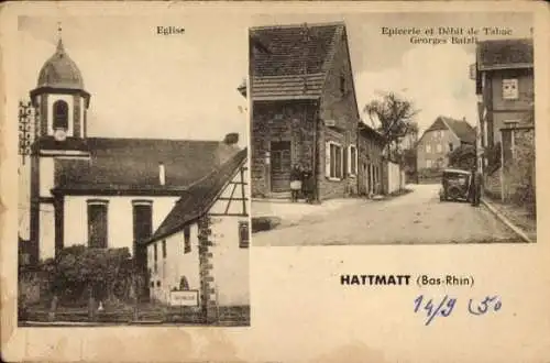 CPA Hattmatt Alsace Bas Rhin, Eglise, Epicerie et Débit de Tabac Georges Balzli