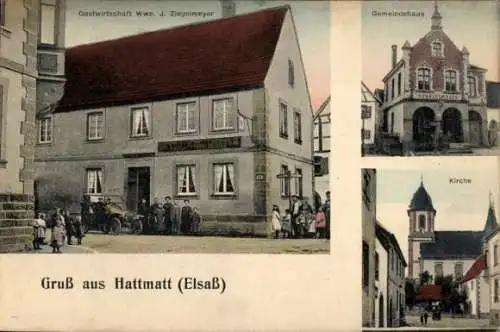 Ak Hattmatt Elsass Bas Rhin, Gastwirtschaft, Gemeindehaus, Kirche