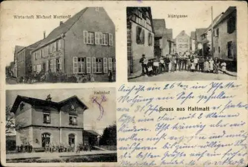 Ak Hattmatt Elsass Bas Rhin, Wirtschaft, Münigasse, Bahnhof