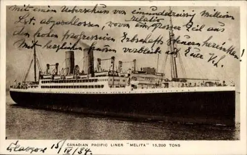 Ak Liner Melita, Dampfer auf See, Canadian Pacific Ships, CPS