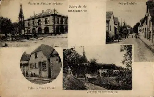 Ak Bischoffsheim Bischofsheim Elsass Bas Rhin, Rathaus, Fontaine St-Remy, Couvent du Bischenberg