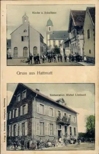 Ak Hattmatt Elsass Bas Rhin, Kirche, Schulhaus, Restauration Michel Lienhard