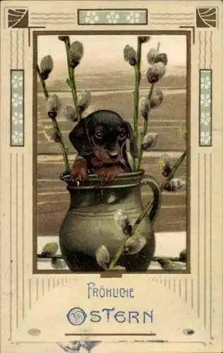 Präge Passepartout Ak Glückwunsch Ostern, Weidenkätzchen, Hund