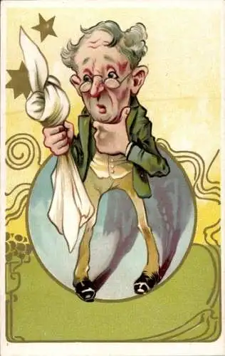 Jugendstil Litho Zerstreuter Professor mit geknotetem Taschentuch