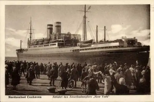 Ak Nordseebad Cuxhaven, Abfahrt des Amerikadampfers New York